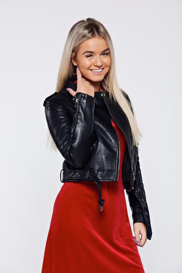 Geaca neagra casual din piele ecologica cu buzunare cu fermoar