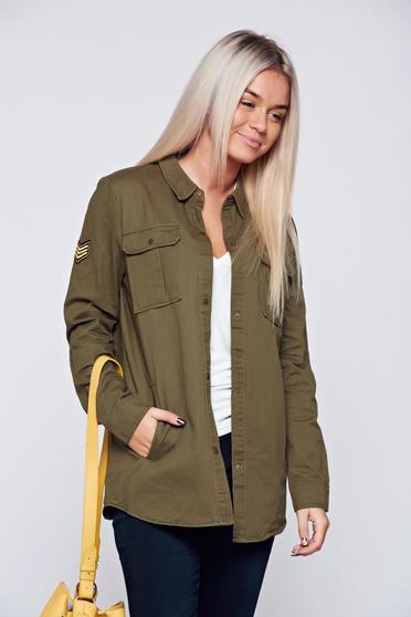 Camasa dama khaki casual din bumbac cu maneca lunga