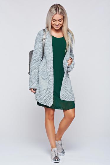 Cardigan gri casual tricotat cu buzunare