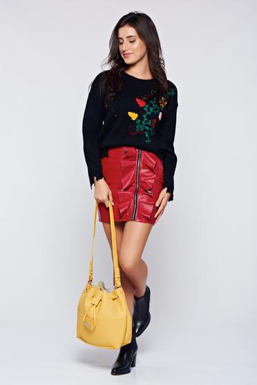 Fusta rosie casual scurta tip creion cu volanase