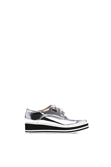 Pantofi argintiu casual din piele ecologica cu aspect metalic si cu siret