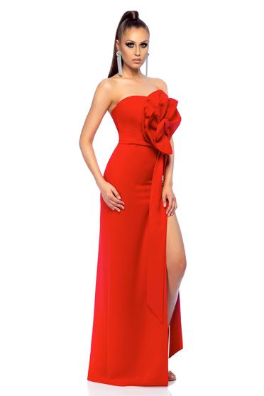 Rochie rosie Ana Radu de lux din material usor elastic cu accesoriu in forma de floare