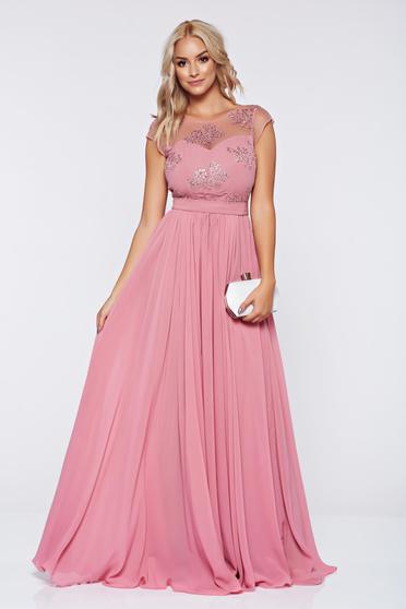 Rochie rosa de ocazie brodata voal