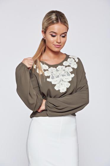 Bluza dama LaDonna verde-inchis office brodata cu croi larg
