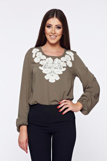 Bluza dama LaDonna khaki office brodata cu croi larg