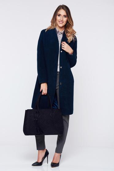 Palton Top Secret albastru-inchis casual cu maneca lunga si croi larg