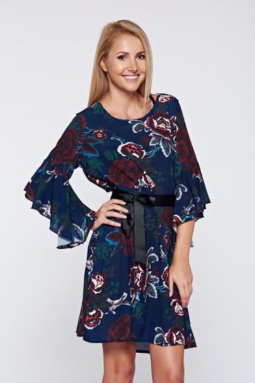 Rochie albastru-inchis de zi din voal cu maneci clopot
