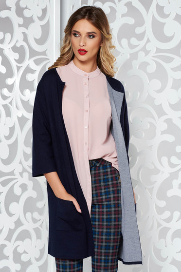Cardigan albastru-inchis casual cu croi larg din material tricotat cu buzunare