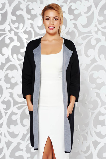 Cardigan negru casual cu croi larg din material tricotat cu buzunare