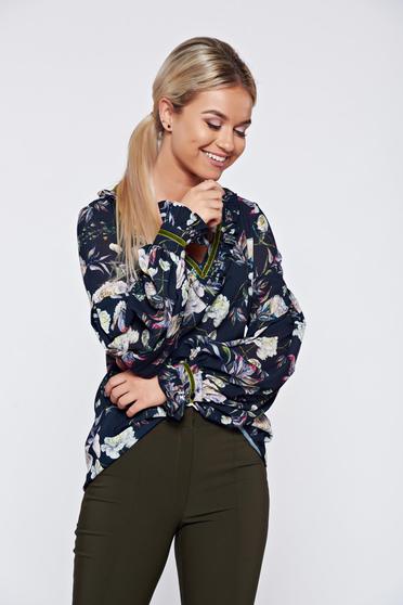 Bluza dama LaDonna albastru-inchis office cu croi larg cu imprimeu floral