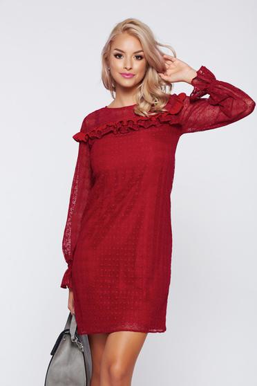 Rochie LaDonna visinie eleganta din material dantelat cu volanase