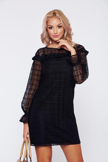 Rochie LaDonna neagra eleganta din material dantelat cu volanase