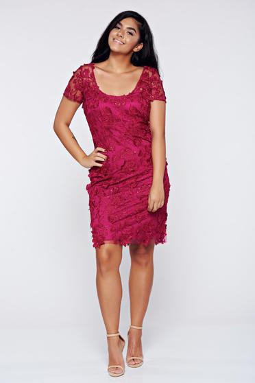 Rochie fuchsia eleganta tip creion din material dantelat