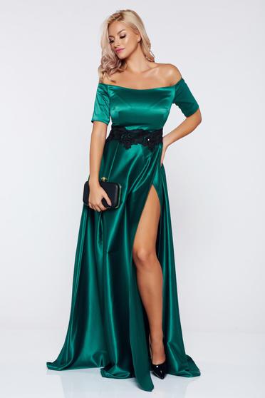 Rochie Artista verde de ocazie din material satinat cu insertii de broderie