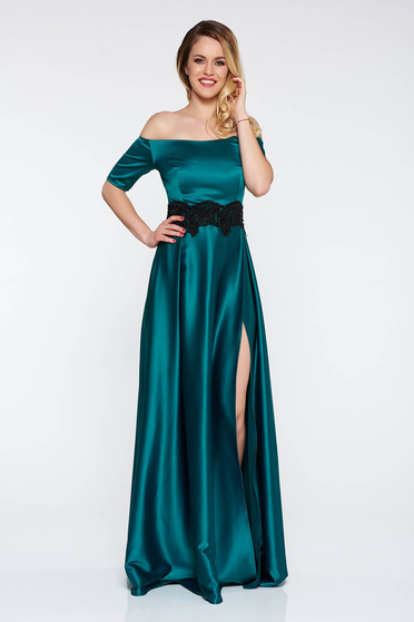 Rochie Artista verde de ocazie din material satinat cu insertii de broderie