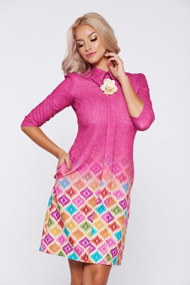 Rochie Fofy fuchsia office cu guler ascutit cu maneci trei-sferturi