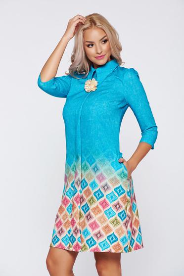 Rochie Fofy albastra office cu guler ascutit cu maneci trei-sferturi