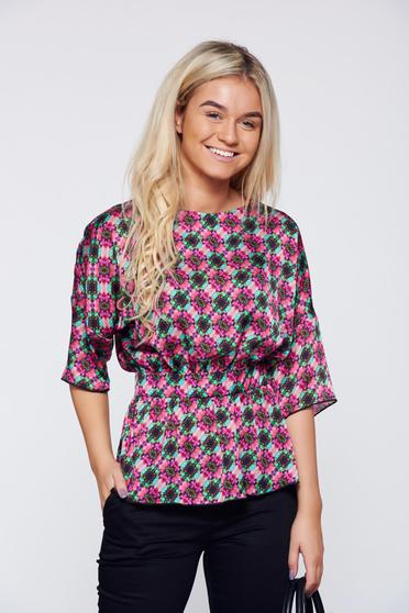 Bluza dama PrettyGirl roz eleganta din material satinat cu print