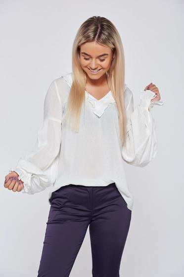 Bluza dama LaDonna alba office eleganta cu volanase la maneca