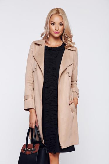 Trench rosa casual din velur cu buzunare