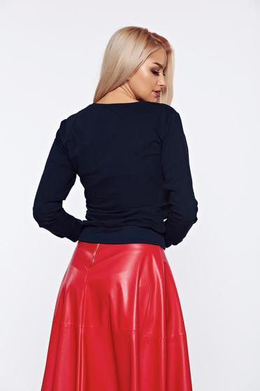 Bluza dama Top Secret albastra-inchis casual din bumbac cu imprimeu cu scris