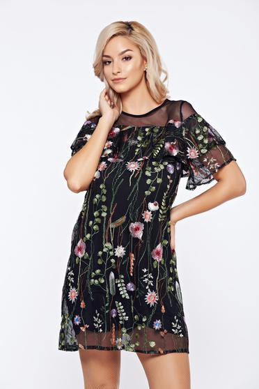 Rochie Top Secret neagra de zi din tul cu imprimeu floral