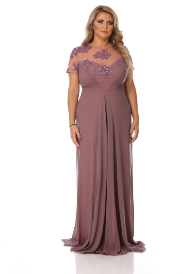 Rochie mov de ocazie din voal cu insertii de broderie