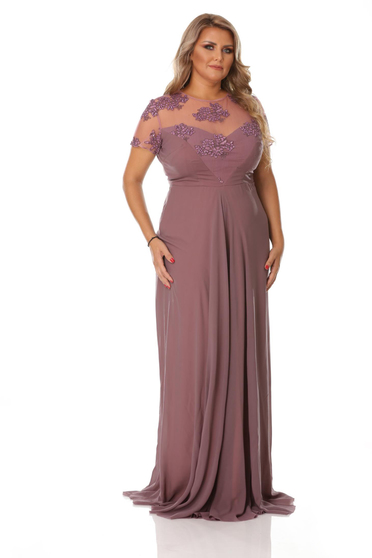 Rochie mov de ocazie din voal cu insertii de broderie