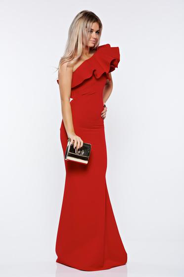 Rochie Ana Radu rosie de lux tip sirena pe umar din stofa usor elastica