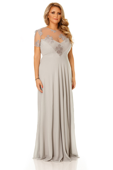 Rochie gri de ocazie din voal cu insertii de broderie