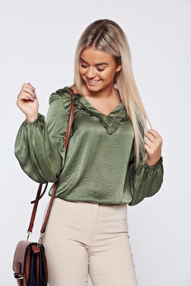 Bluza dama LaDonna verde-inchis eleganta din material satinat cu decolteu in v