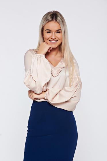 Bluza dama LaDonna crem eleganta din material satinat cu decolteu in v