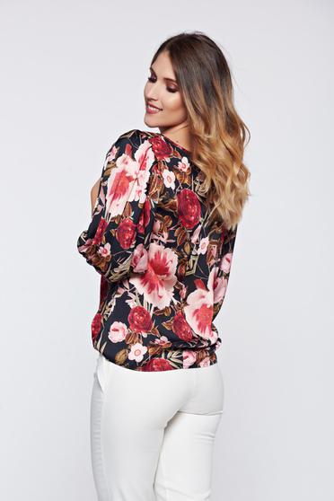 Bluza dama PrettyGirl neagra eleganta din material satinat cu imprimeu floral