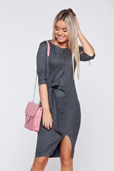 Rochie LaDonna gri office eleganta accesorizata cu cordon