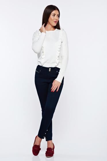 poze cu Pantaloni Top Secret albastru-inchis office din bumbac cu talie medie