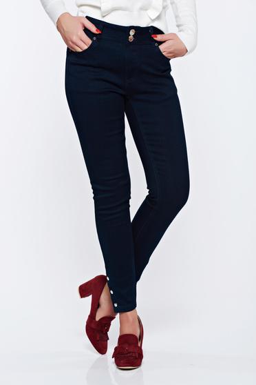 poze cu Pantaloni Top Secret albastru-inchis office din bumbac cu talie medie