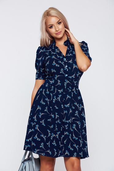 Rochie PrettyGirl albastru-inchis de zi in clos cu imprimeu floral
