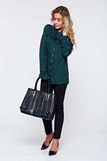 Camasa dama PrettyGirl verde-inchis eleganta cu volanase la maneca