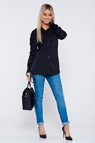 Camasa dama PrettyGirl neagra casual din bumbac cu guler ascutit