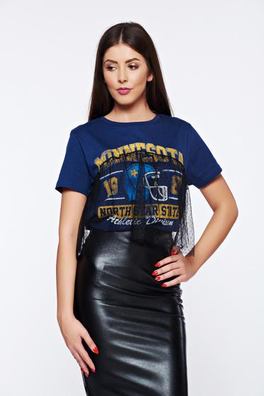 Tricou Top Secret negru casual din bumbac cu aplicatii de tulle