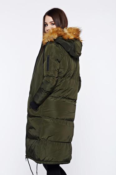 Geaca Top Secret khaki casual captusita pe interior cu insertii cu blana ecologica