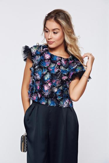Top StarShinerS negru elegant cu franjuri din tul