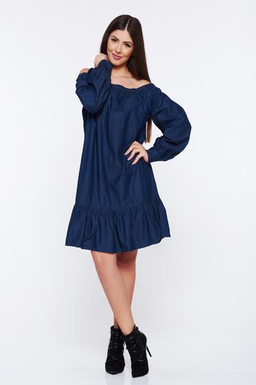 Rochie albastra-inchis casual cu volanase la baza rochiei