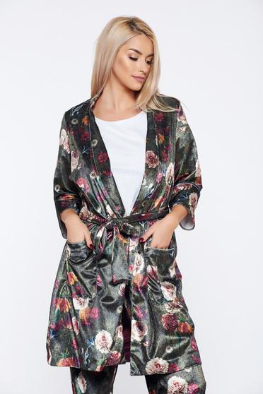 Cardigan PrettyGirl verde casual din catifea cu imprimeuri florale