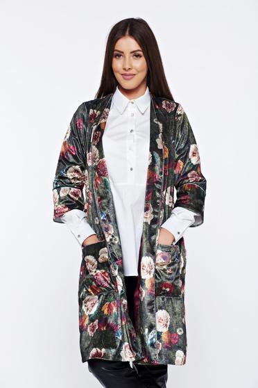 Cardigan PrettyGirl khaki casual din catifea cu imprimeuri florale
