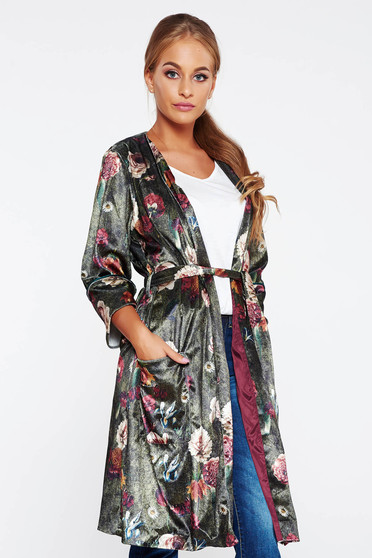 Cardigan PrettyGirl khaki casual din catifea cu imprimeuri florale