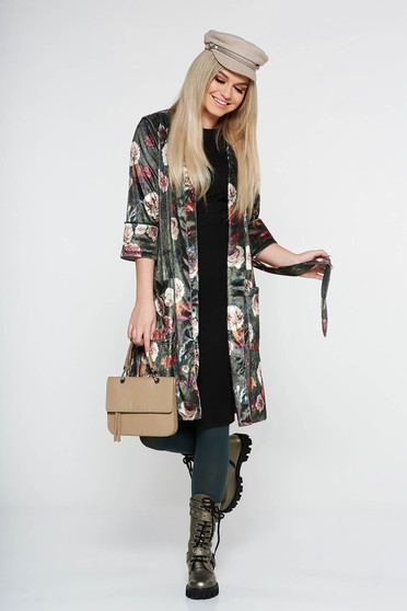 Cardigan PrettyGirl khaki casual din catifea cu imprimeuri florale