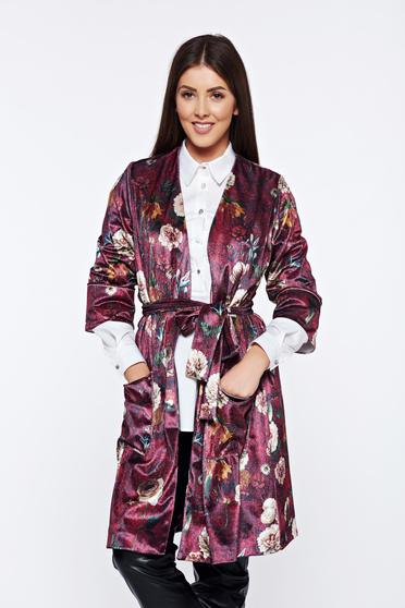 Cardigan PrettyGirl visiniu casual din catifea cu imprimeuri florale