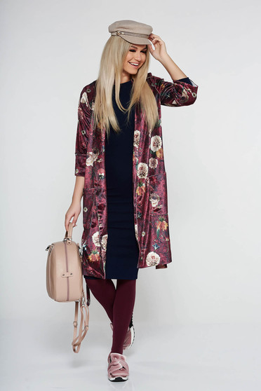 Cardigan PrettyGirl visiniu casual din catifea cu imprimeuri florale