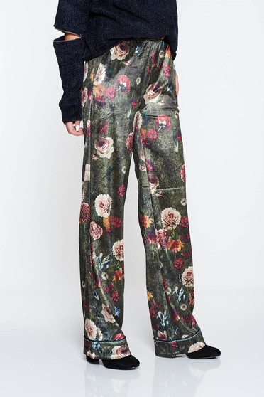 Pantaloni PrettyGirl khaki casual cu talie medie cu imprimeu floral